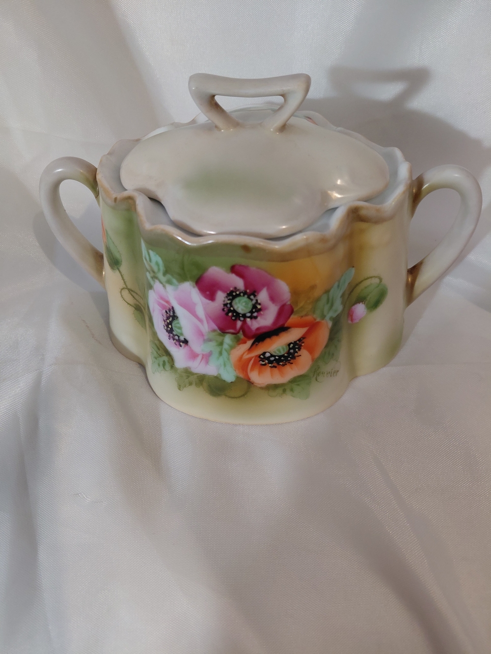 Hand-Painted Floral Porcelain Sugar Bowl in Green, Pink, and Orange